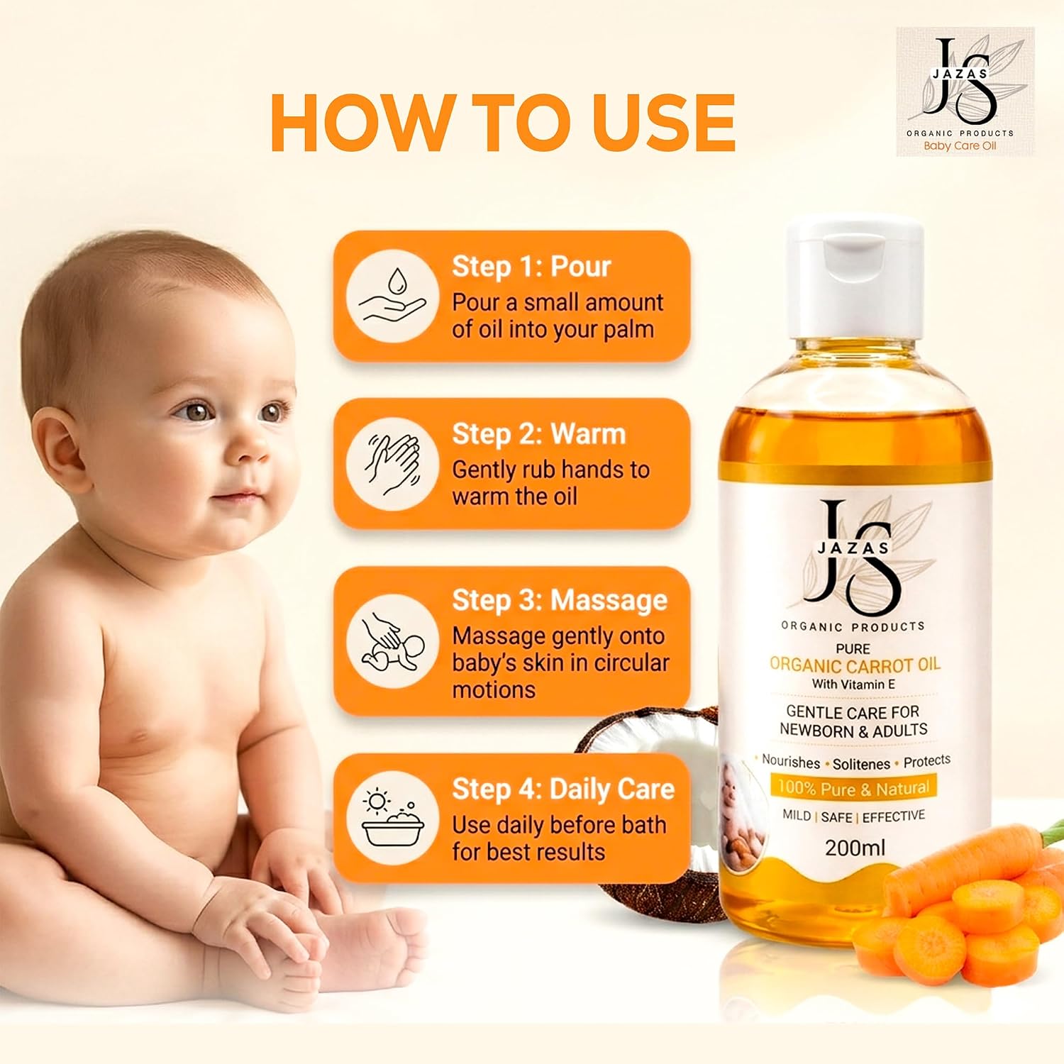 JAZAS Organic Carrot Oil with Vitamin E - 200 ml - Image 5